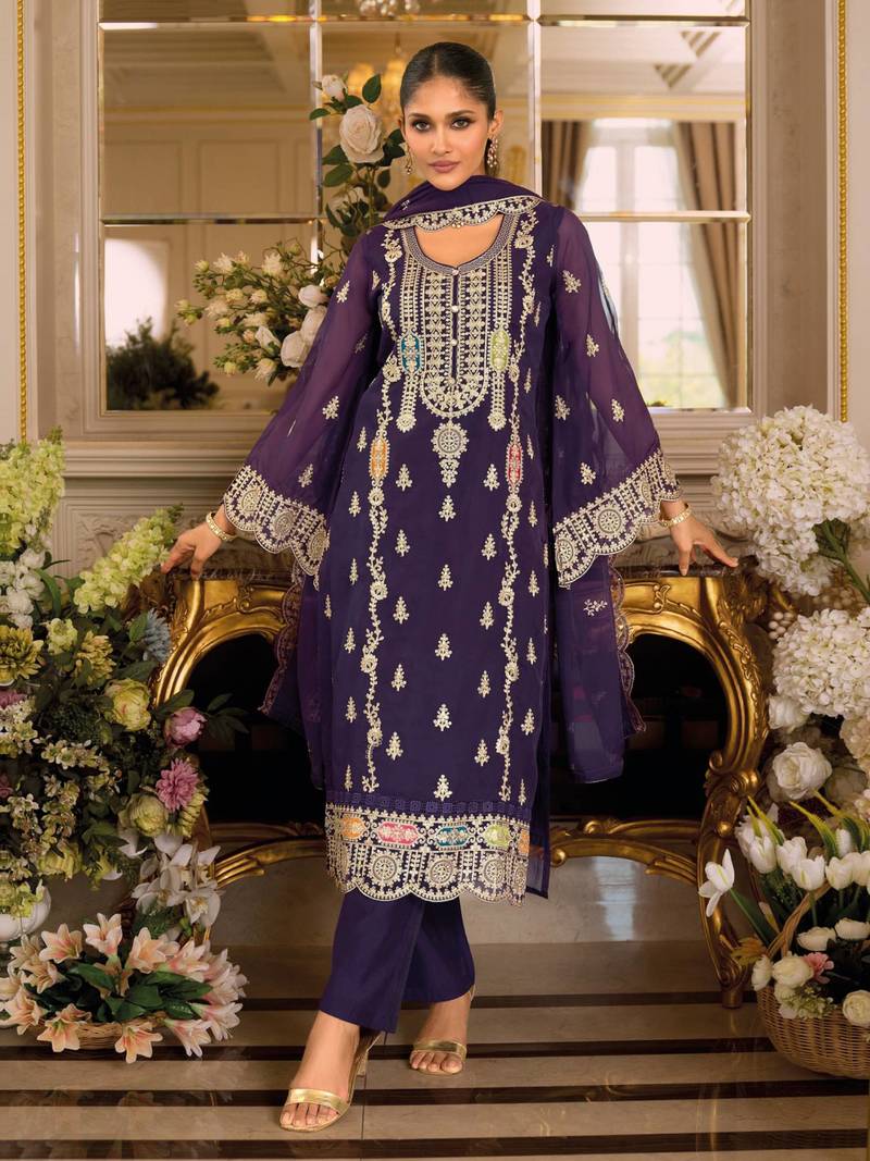 Purple embroidered chinon semi-stitched pakistani salwar suit
