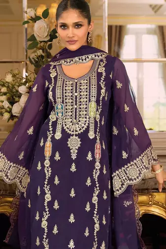 Purple embroidered chinon stitched salwar suit