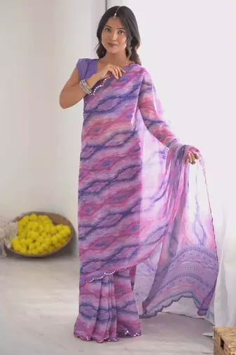 Georgette digital print saree with foil mirror work scalloped border