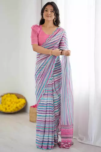 Georgette digital print saree with foil mirror work scalloped border