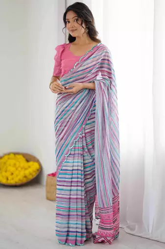 Georgette digital print saree with foil mirror work scalloped border