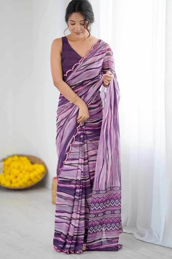 Georgette digital print saree with foil mirror work scalloped border