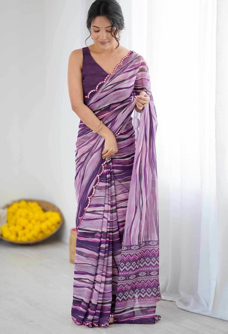 Georgette digital print saree with foil mirror work scalloped border