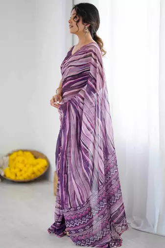 Georgette digital print saree with foil mirror work scalloped border