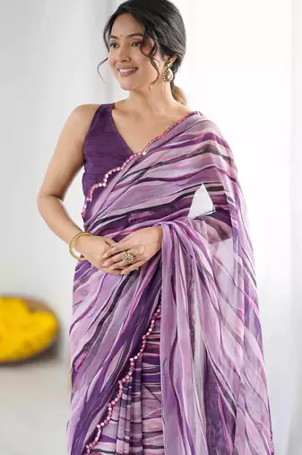 Georgette digital print saree with foil mirror work scalloped border