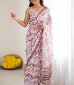 Georgette digital print saree with foil mirror work scalloped border