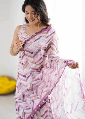 Georgette digital print saree with foil mirror work scalloped border 2