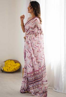 Georgette digital print saree with foil mirror work scalloped border 4