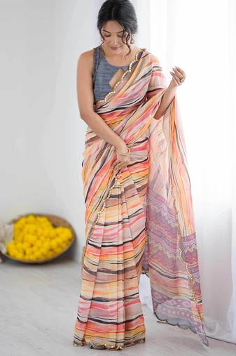 Georgette digital print saree with foil mirror work scalloped border