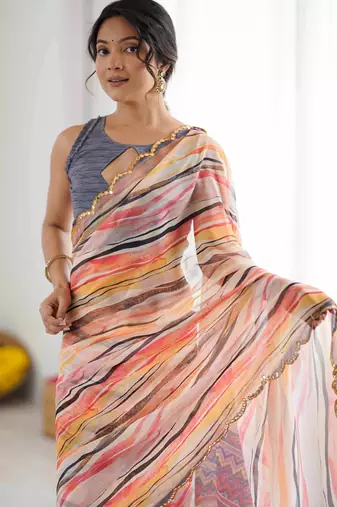 Georgette digital print saree with foil mirror work scalloped border