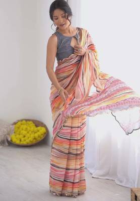 Georgette digital print saree with foil mirror work scalloped border 3