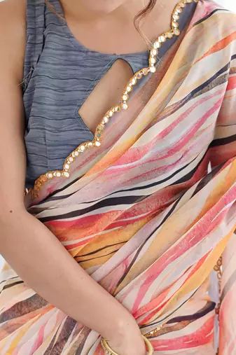Georgette digital print saree with foil mirror work scalloped border