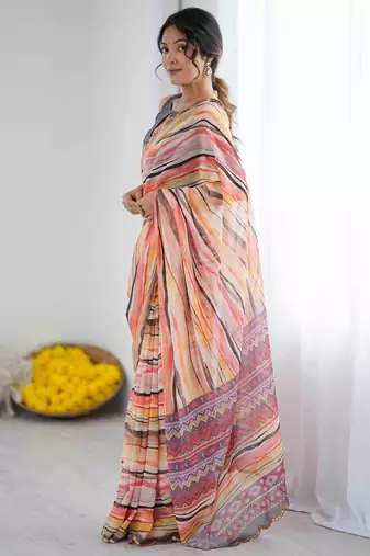 Georgette digital print saree with foil mirror work scalloped border