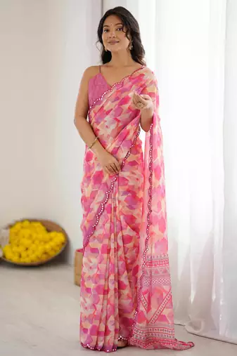 Georgette digital print saree with foil mirror work scalloped border