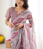 Georgette digital print saree with foil mirror work scalloped border