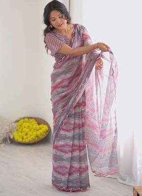 Georgette digital print saree with foil mirror work scalloped border 2