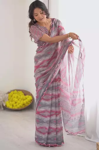Georgette digital print saree with foil mirror work scalloped border