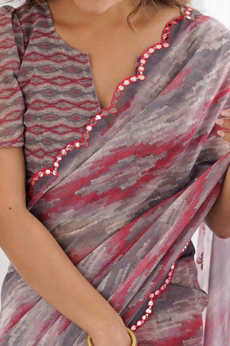Georgette digital print saree with foil mirror work scalloped border