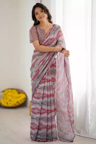 Georgette digital print saree with foil mirror work scalloped border
