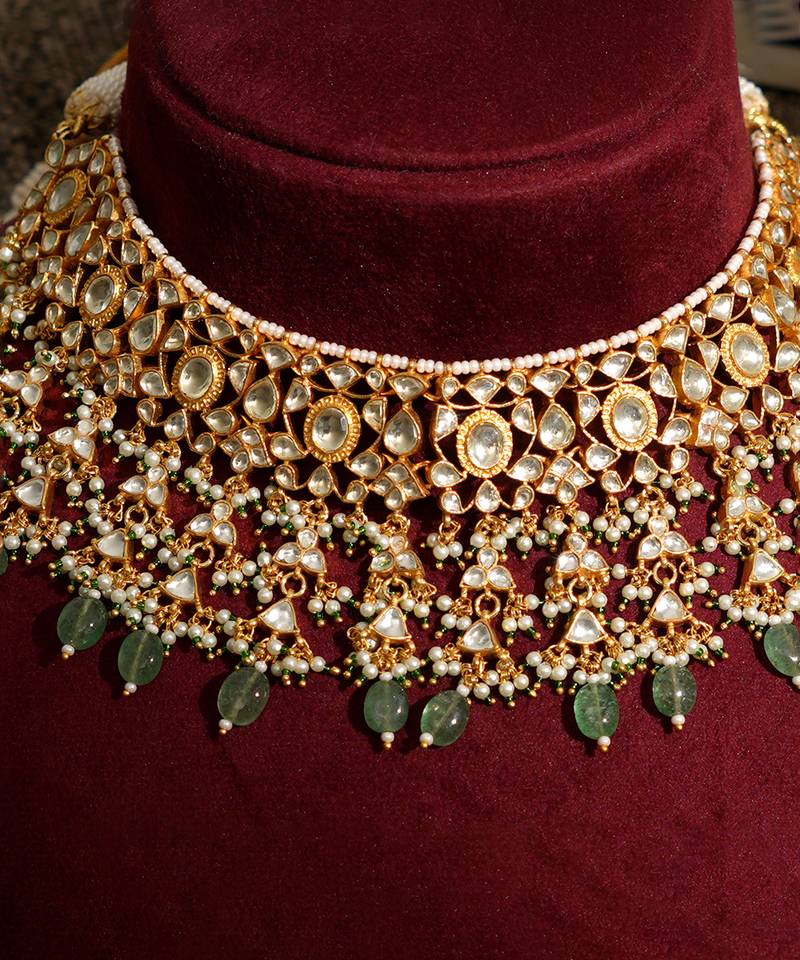 Gold plated kundan green stones necklace set