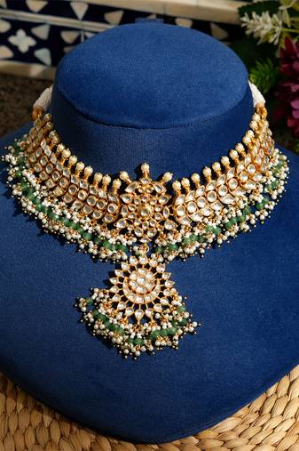 Gold plated kundan green stones necklace set