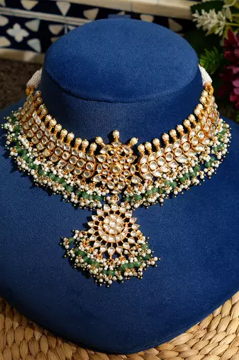Gold plated kundan green stones necklace set