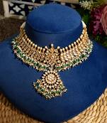 Gold plated kundan green stones necklace set