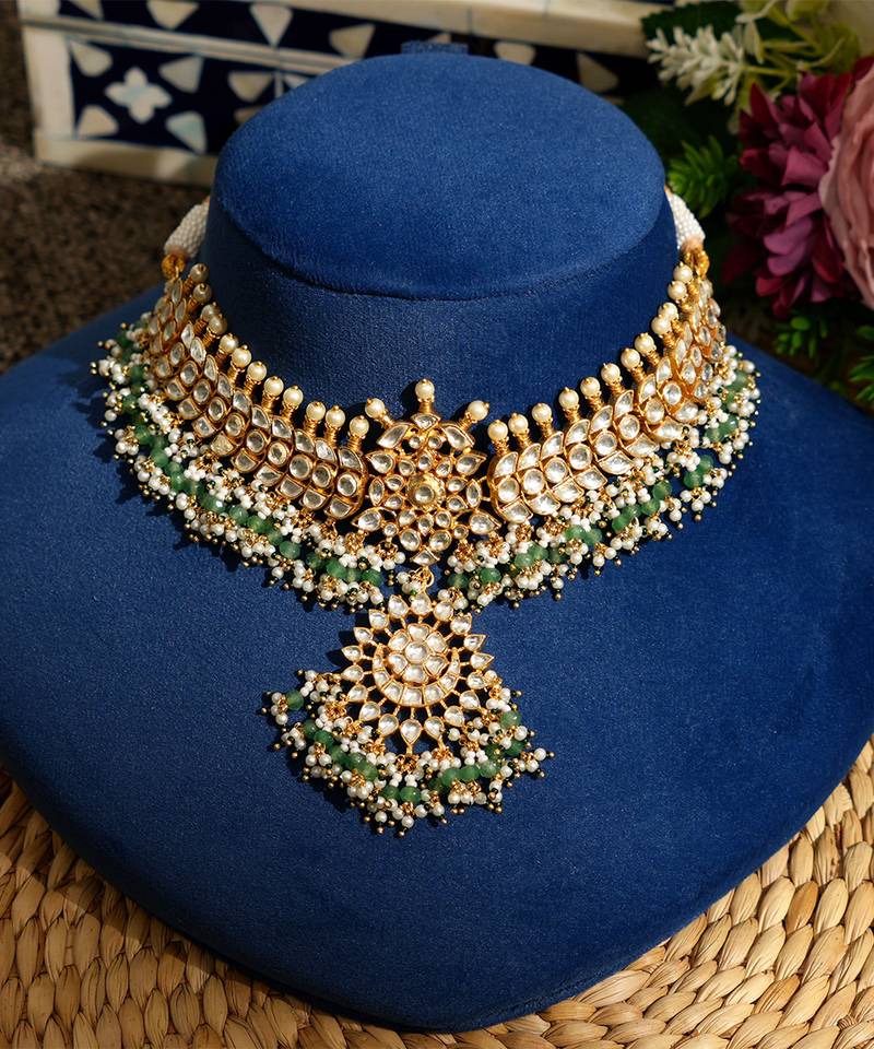 Gold plated kundan green stones necklace set