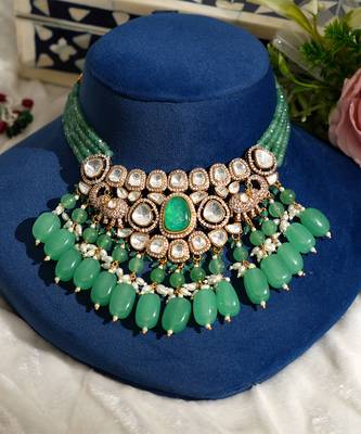 Gold plated kundan green stones necklace set 1