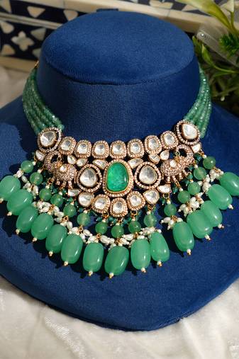 Gold plated kundan green stones necklace set