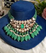 Gold plated kundan green stones necklace set