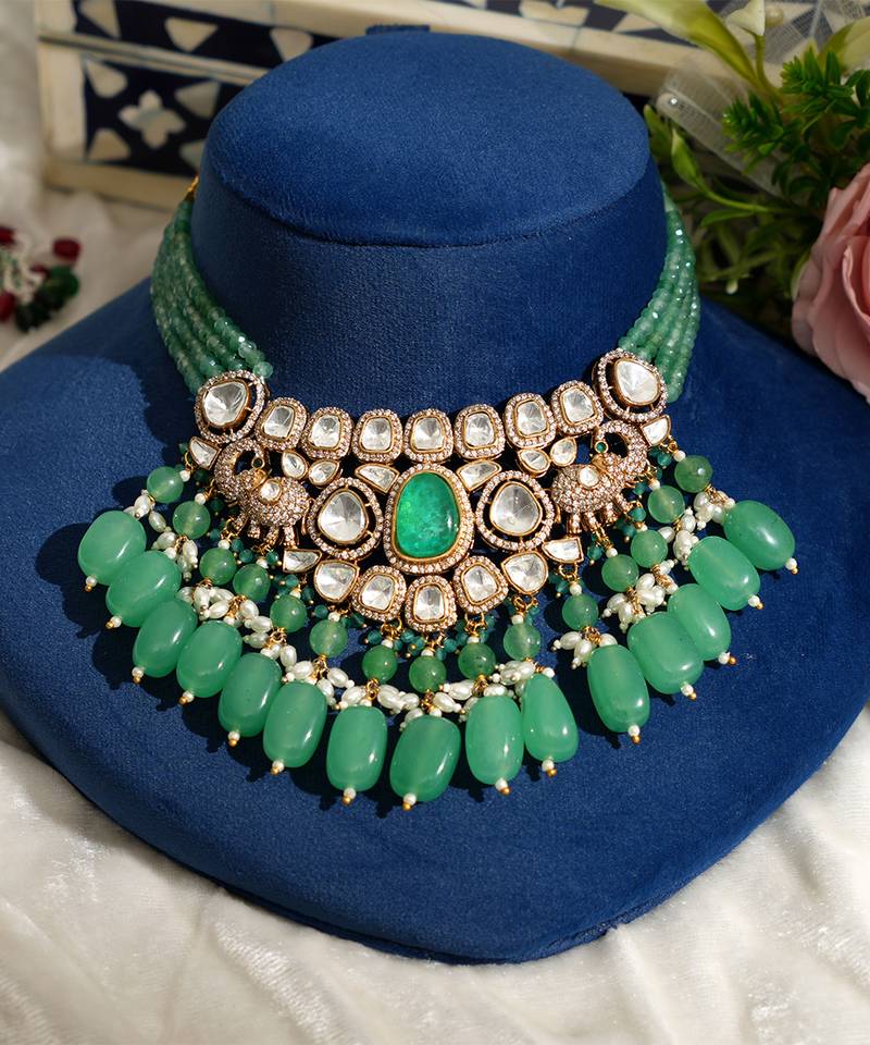 Gold plated kundan green stones necklace set