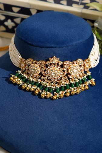 Gold plated kundan green stones pearl necklace set