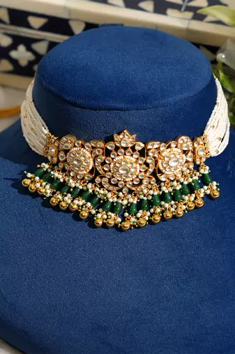 Gold plated kundan green stones pearl necklace set