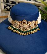 Gold plated kundan green stones pearl necklace set