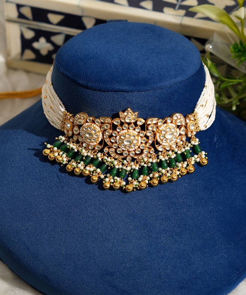 Gold plated kundan green stones pearl necklace set