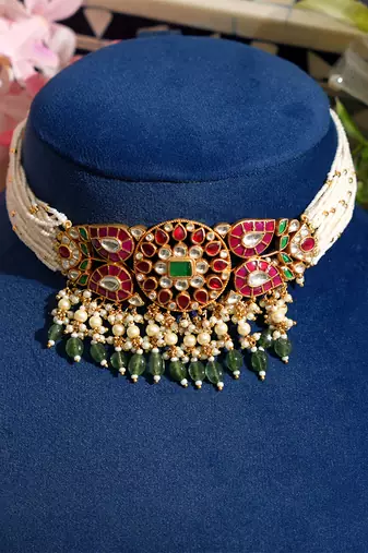 Gold plated kundan green stones pearl necklace set