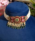 Gold plated kundan green stones pearl necklace set