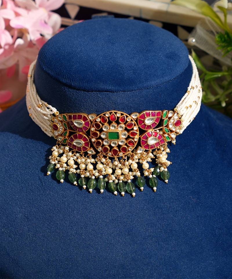 Gold plated kundan green stones pearl necklace set