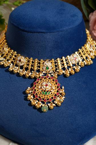 Gold plated kundan multicolor stones necklace set