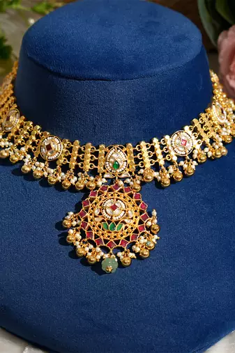 Gold plated kundan multicolor stones necklace set