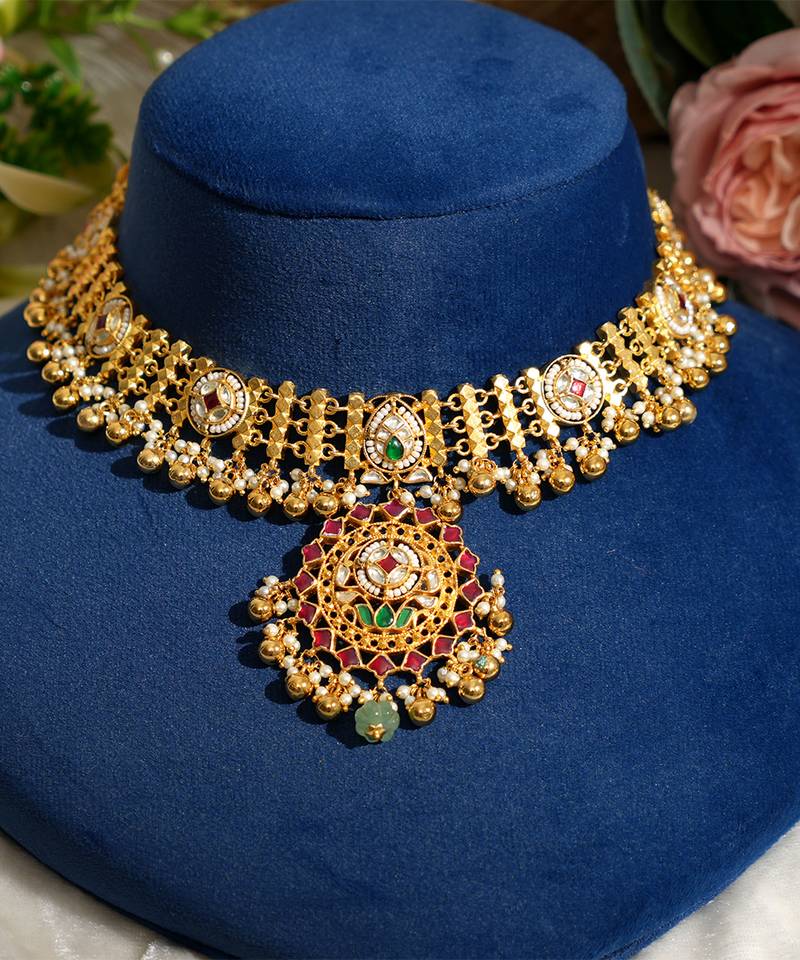 Gold plated kundan multicolor stones necklace set