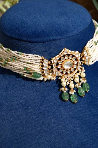 Gold plated kundan green stones pearl choker necklace set
