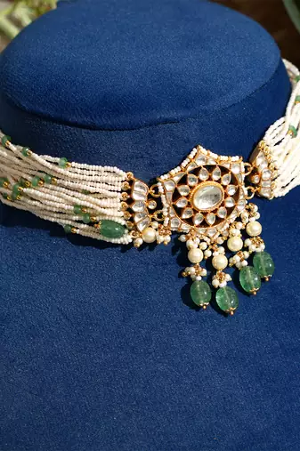 Gold plated kundan green stones pearl choker necklace set