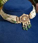 Gold plated kundan green stones pearl choker necklace set