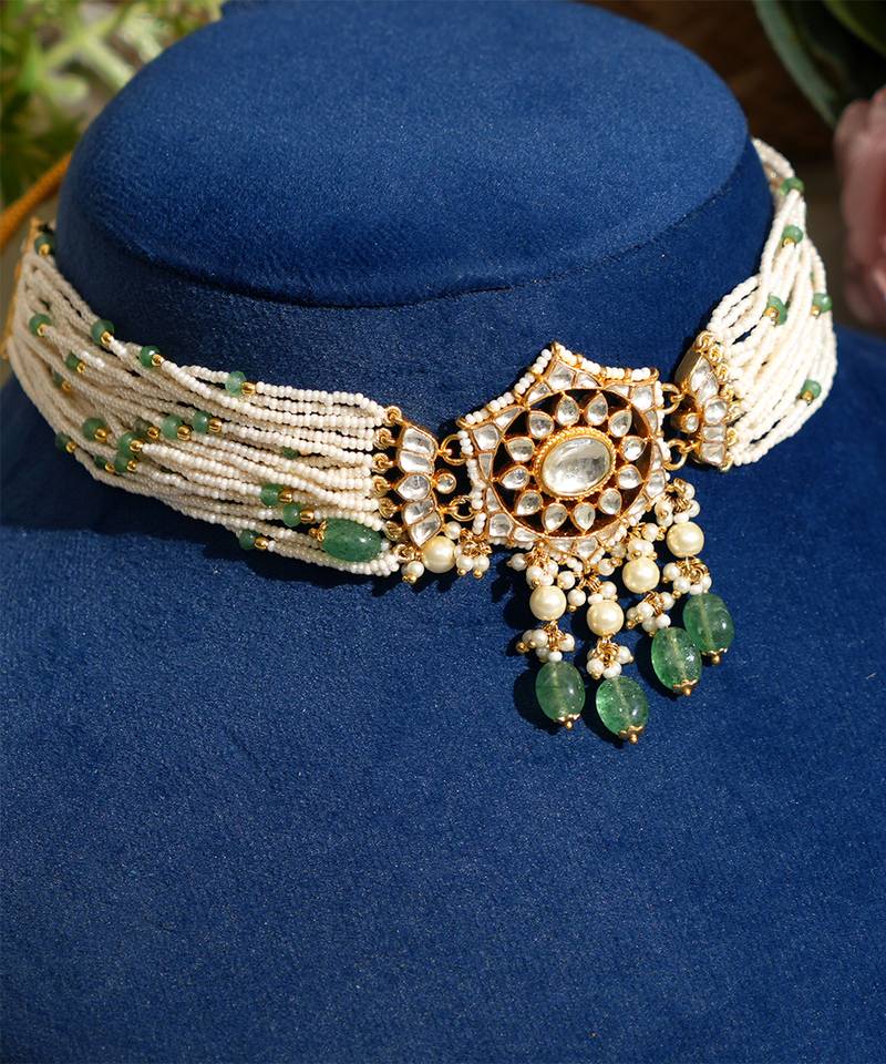 Gold plated kundan green stones pearl choker necklace set