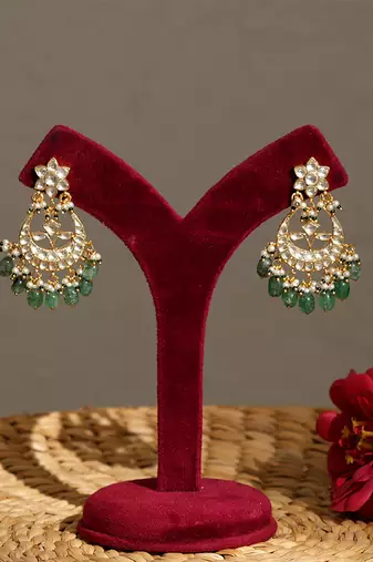 Gold plated kundan green stones chandbali earrings