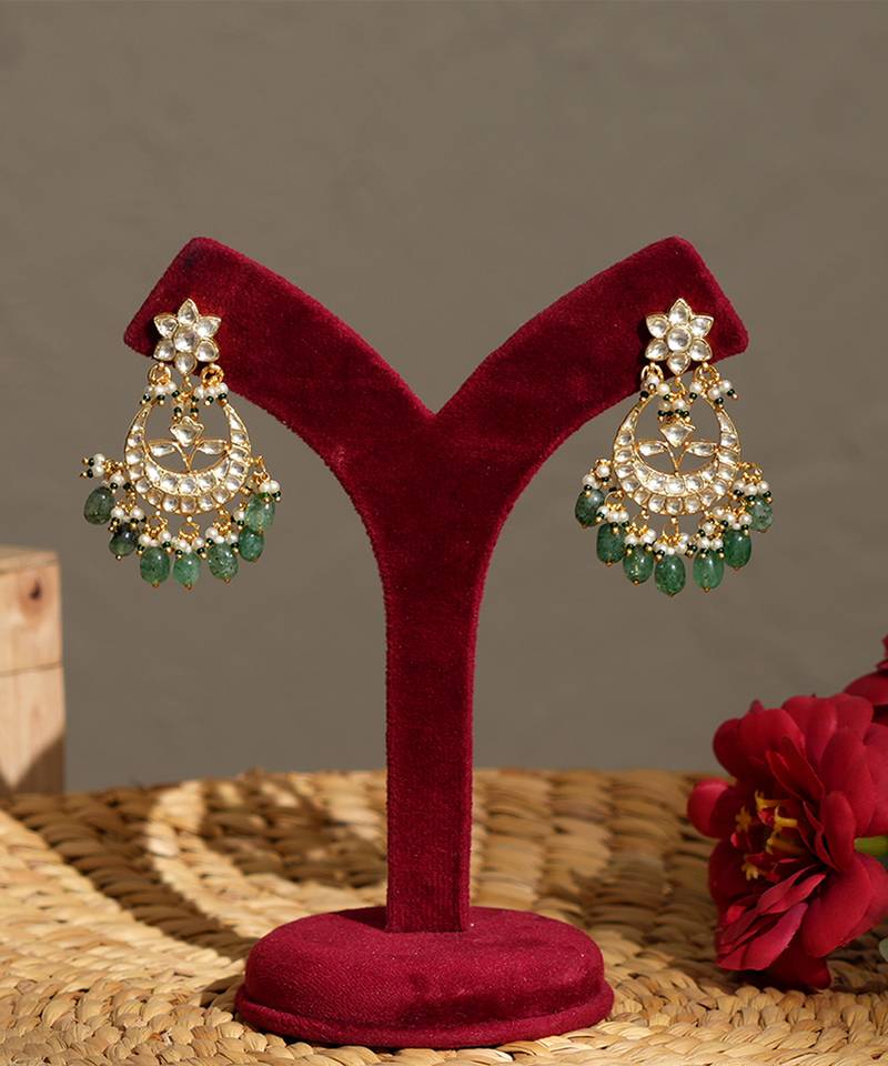 Gold plated kundan green stones chandbali earrings
