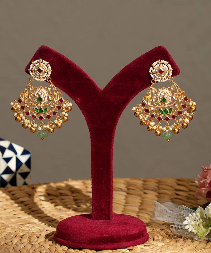 Gold plated kundan multicolor stones chandbali earrings
