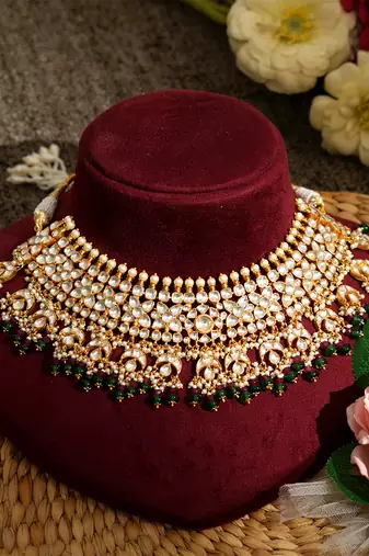 Gold plated kundan green stones necklace set